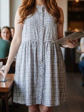 Hem & Thread Checkered Blue and White Mini Dress 💯 Cotton